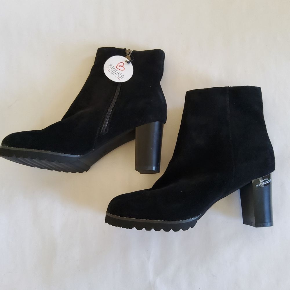 New Blonde Waterproof Suede Leather Black Block Heel Ankle Boots Size 10 - Picture 4 of 14